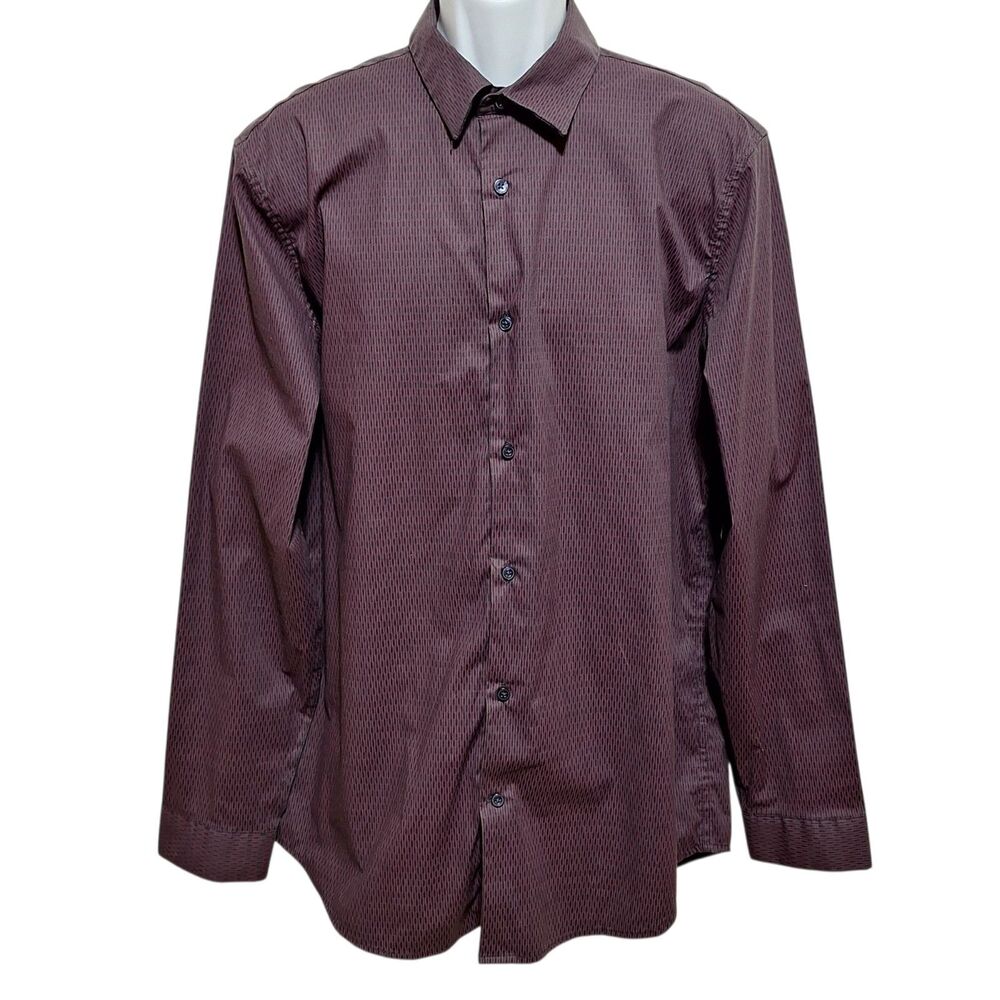 Shaquille ONeal Long Sleeve Dress Shirt XLG LT Deep Plum Dash Print Casual Dress